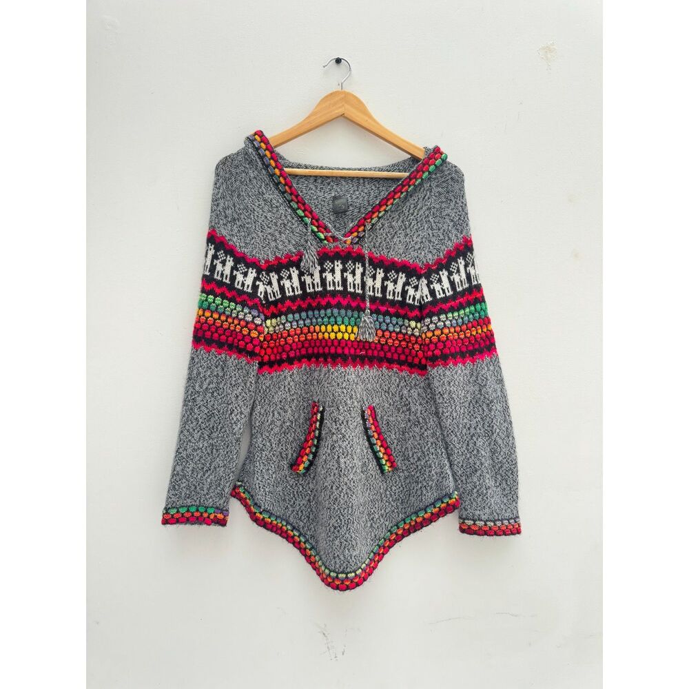 Kactus Artesanias Alpaca Hooded Sweater Gray Llama Print Peru Sz M